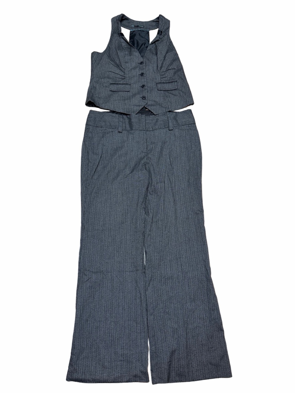 Maurices Women’s XL 15/16 Gray Pinstripe Vest Wide Leg Pants Suit Set Y2K
